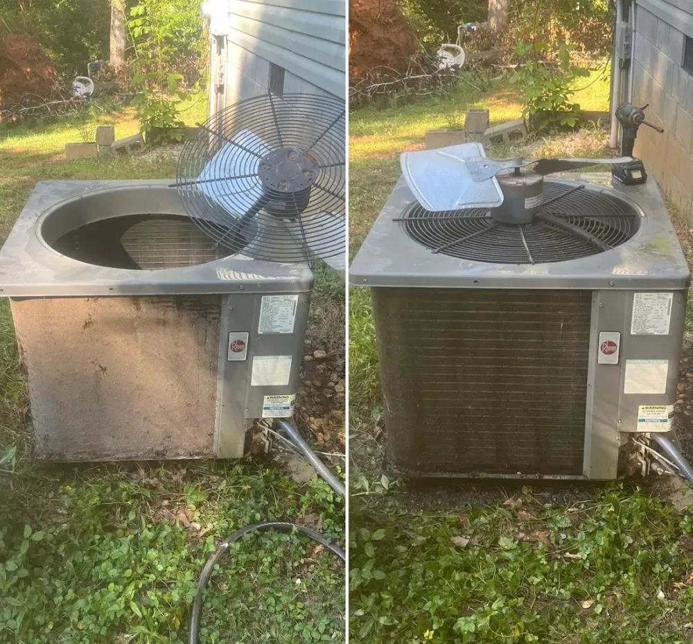 Two panel before and after of a Greenville condenser, dirty coil on the left and cleaned coil on the right