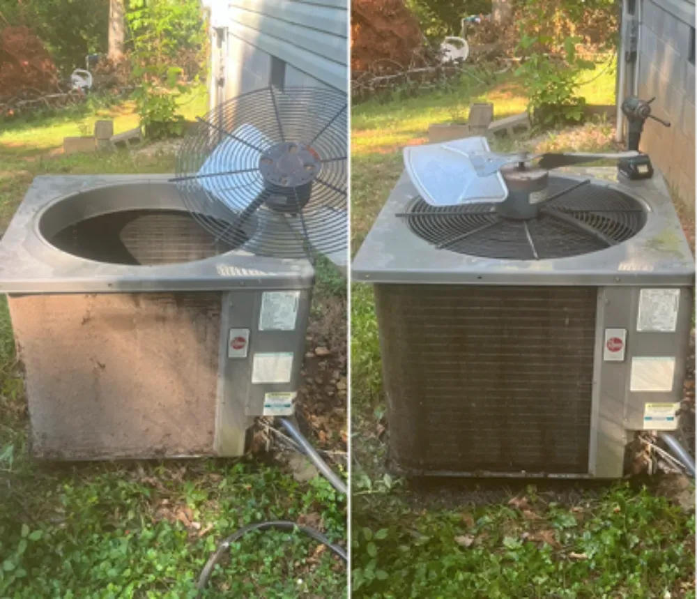 Two panel before and after showing dust buildup cleared from a Mauldin condenser